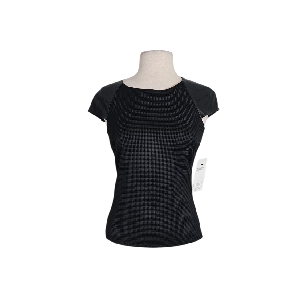 NWT Bailey 44 Mixed Media Faux Leather Sleeve Black Textured Top